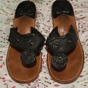 Jack Rogers Black Leather Sandals with Brown Footbed